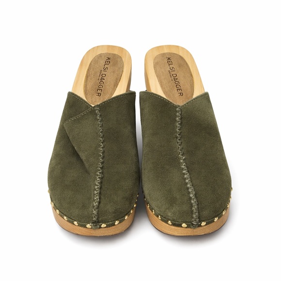 Kelsi Dagger Shoes - Kelsi Dagger Brooklyn Journal Olive Suede Studded Clogs Size 9